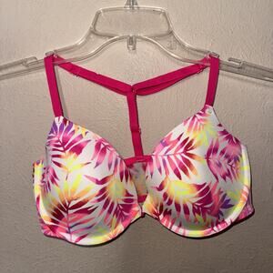 Victoria Secret Bra 34D T Shirt Bra Underwire Pink Tropical Floral Racerback VS